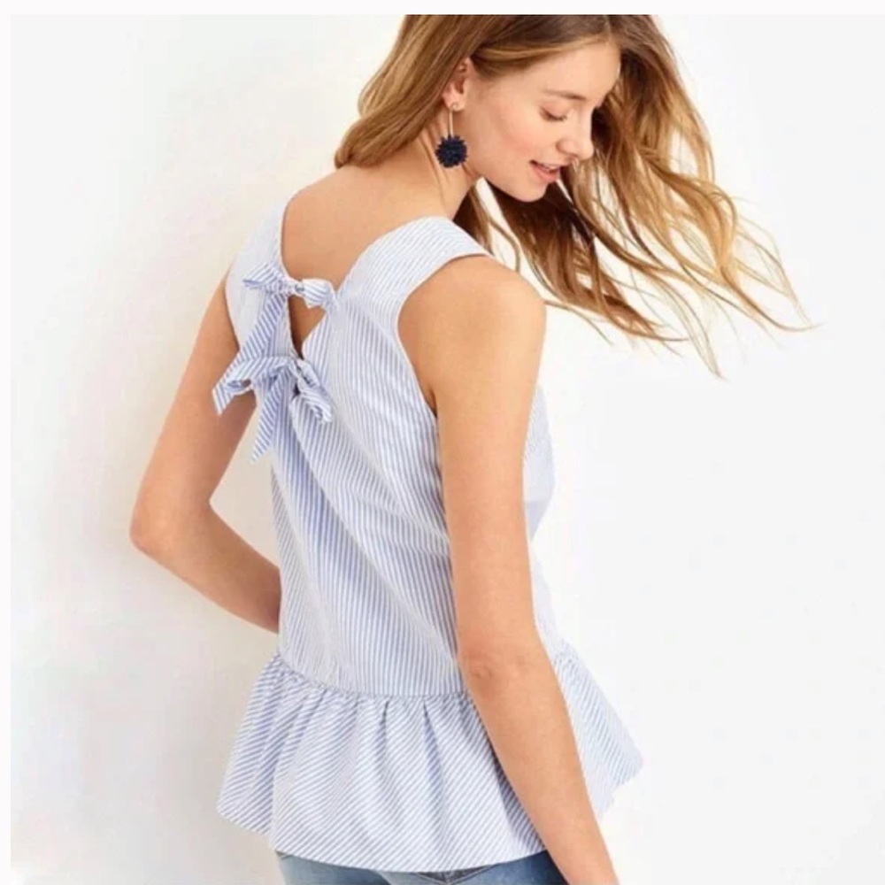 J. Crew Blue and White Striped Tie Back Peplum Blouse